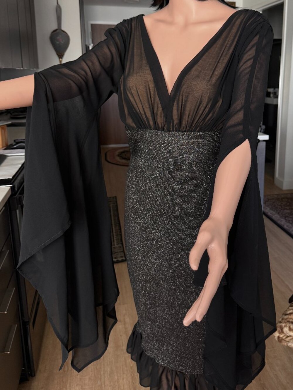 WOW Couture Black Metal Deep-V Cape Dress w/ Draped Statement Sleeves | L | NWT
